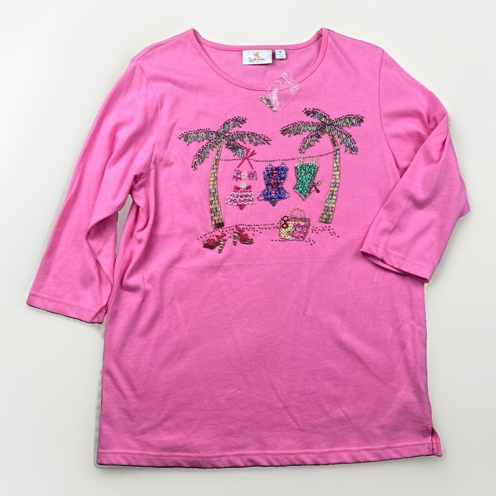 New Quacker Factory Top Sz M 100% Cotton Beach Swimsuits Palms Beads Sequin Pink